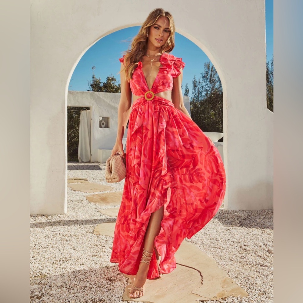 Vici Collection Vibrant Red Carlita Ruffle Cutout Maxi Dress